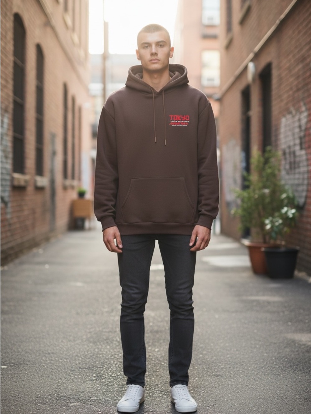 Brown Pullover Hoodie with Red Chest Logo